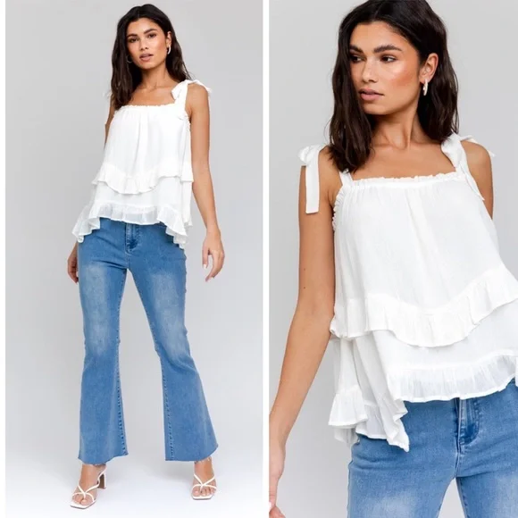 White Sleeveless Asymmetrical Hem Line Tiered Top - Picture 4 of 4